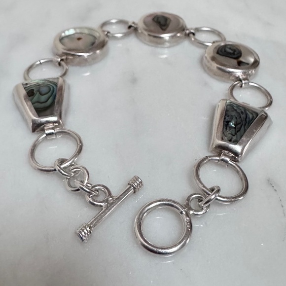 925 Sterling Silver Round & Trapezoid Shape Abalone Chain Link Toggle Bracelet - Picture 4 of 13